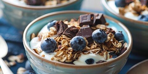 Poster - Close up of homemade baked muesli with rolled oats blueberries and chocolate chunks served with Greek yogurt