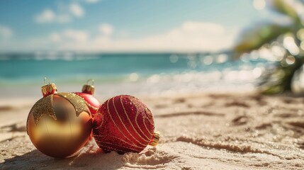 Christmas holiday / Baubles on the tropical beach. Christmas holiday / Red and Gold Baubles on the tropical beach