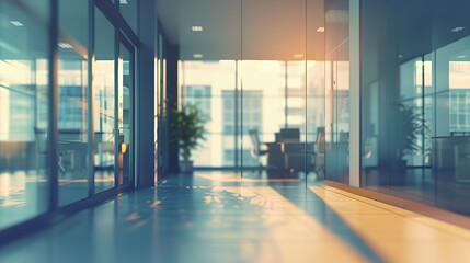 A view down a bright, modern office corridor with sunlight streaming in through the windows.