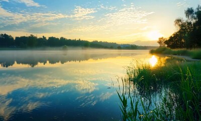 Wall Mural - a tranquil sunrise scene over a serene lake, reflecting the sky and surrounded by lush greenery