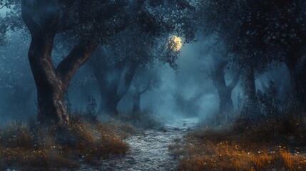 Mysterious forest with a moonlit path fog and a Halloween backdrop hint