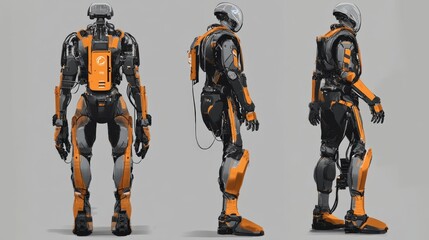 A futuristic robot or android in three poses with orange and black exoskeleton and helmet.