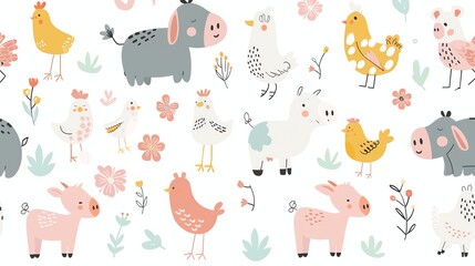 Wall Mural - A pattern of cartoon farm animals and flowers.