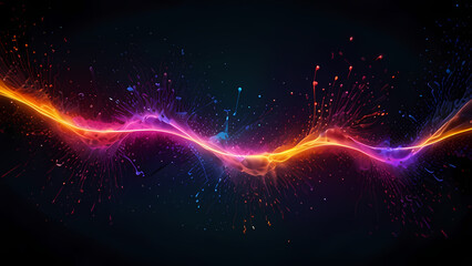 abstract background depicting the energy of chemical reactions, with neon-colored particles colliding and creating waves of energy across a dark, fluid backdrop