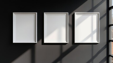 Three white picture frames on black background