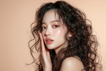 Wall Mural - Young Asian beauty woman curly long hair with korean makeup style touch her face and perfect skin on isolated beige background. Facial treatment, Cosmetology, plastic surgery with generative ai