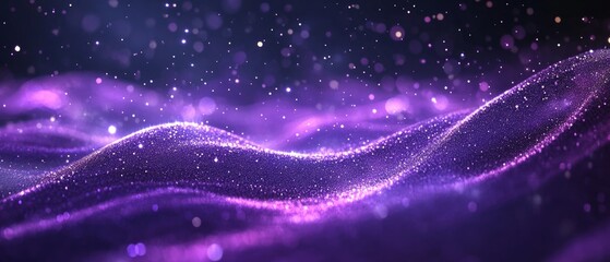 Poster - digital purple particles wave and light abstract background with shining dots stars.