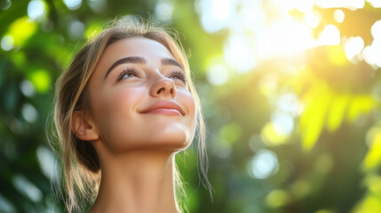 Wall Mural - woman sits amid vibrant greenery, eyes closed, breathing deeply, embodying tranquility and harmony with nature. The scene captures introspection, peace, and a profound bond with the earth