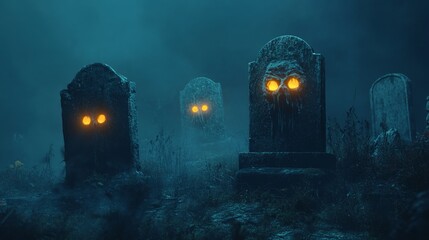 A creepy graveyard at night with old, crooked tombstones, glowing eyes peering from the darkness. Halloween concept 