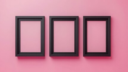 Three black picture frames on pink background