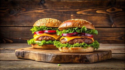 Two juicy hamburgers on a rustic wooden counter, hamburgers, fast food, sandwiches, lunch, snack, delicious, tasty, savory