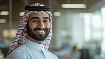 Man from Arab countries wearing a Kandora or Distasha, copy space, smiling