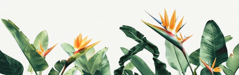  Tropical paradise exotic plants and birds of paradise flowers on white background for beauty and art lovers
