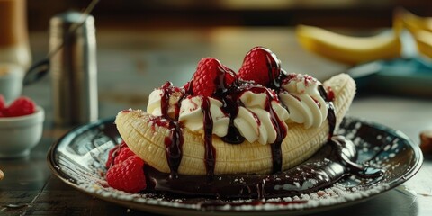 Wall Mural - Banana split on a plate Traditional American ice cream dessert