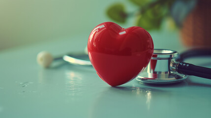 Red heart and stethoscope on a medical table, representing healthcare and heart health