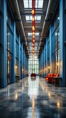 Wall Mural - blue office corridor, concrete floor, loft-style windows, continuous ceiling lights, business and financial design theme, spacious interior concept, AI .  