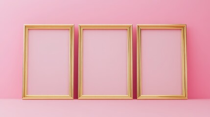 Three gold picture frames on pink background