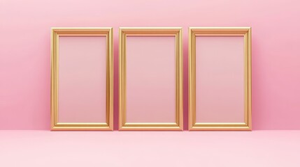 Three gold picture frames on pink background