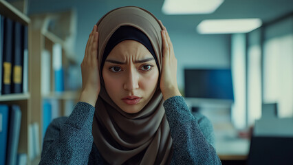 Woman wearing hijab, copy space, struggling with head in hands