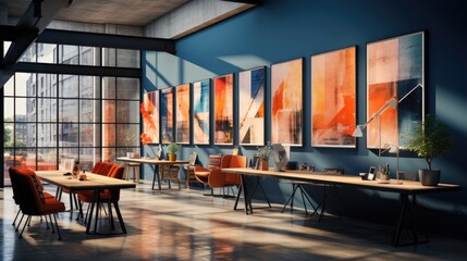 Wall Mural - blue office corridor, concrete floor, loft-style windows, continuous ceiling lights, business and financial design theme, spacious interior concept, 