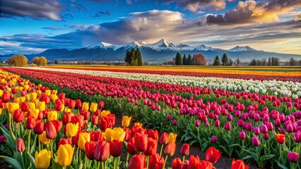 Wall Mural - Vibrant tulip field in Mt. Vernon, WA , flowers, spring, colorful, nature, beauty, landscape, agriculture, farm, Washington state