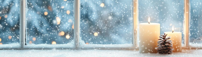 Winter's Warm Embrace: Flickering candles illuminate a snow-dusted windowsill, radiating cozy ambiance amidst a serene snowfall. 