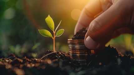 Hand planting a seedling in soil near coins, representing growth and financial success.