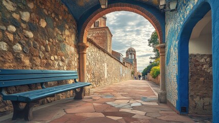 Stone pathway with arches and benches leading to old building under cloudy sky