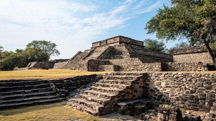 Ancient stone pyramid ruin with stairs in grassy area surrounded by trees under partly cloudy sky