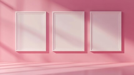 Three white picture frames on pink background