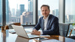© Ali - portrait of a businessman seated at a large, elegant desk in a modern office, with a laptop open, documents spread out, and a city skyline visible through the floor-to-ceiling windows.