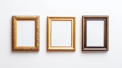 Three gold picture frames on white background