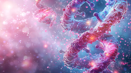 Wall Mural - a colorful dna strand with a pink and blue swirl. the strand is surrounded by a blurry background.