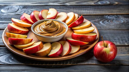 Wall Mural - Plate of sliced apples topped with peanut butter , snack, healthy, nutritious, fruit, spread, dip, delicious, sweet