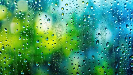 Rain drops on blurred green and blue window background, rain drops, window, blurred, green, blue, wet, weather