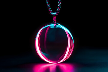 Wall Mural - Neon silhouette of crystal ball pendant isotated on black background.