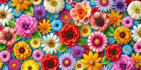 Wall Mural - Seamless pattern background of colorful flowers, floral, vibrant, nature, garden, petal, bloom, botanical, design