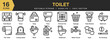 © spacepixel - Toilet icon set. Editable Stroke Icon Collection. Includes bathroom, exhaust fan, garbage, sink, soap, suds, and More. Outline icons vector collection.