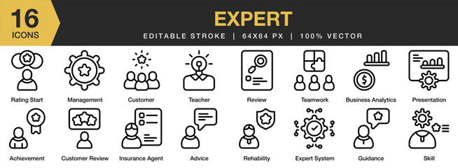 Wall Mural - Expert icon set. Editable Stroke Icon Collection. Includes guidance, insurance agent, management, presentation, review, and More. Outline icons vector collection.