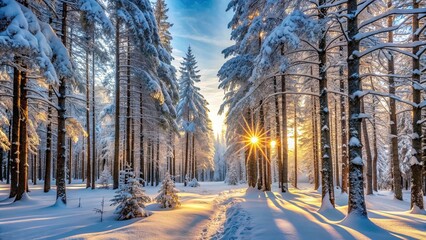 Wall Mural - Serene winter scene in the snowy woods, Winter, woods, forest, snow, trees, cold, serene, peaceful, tranquil, beautiful, nature