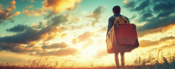 A lone traveler with luggage walks into a vibrant sunset.