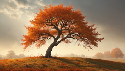 Wall Mural - Majestic autumn tree standing tall amidst a vibrant orange-foliaged meadow