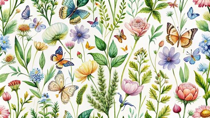 Wall Mural - Seamless pattern of wildflowers, green plants, and flying butterflies in watercolor , wildflowers