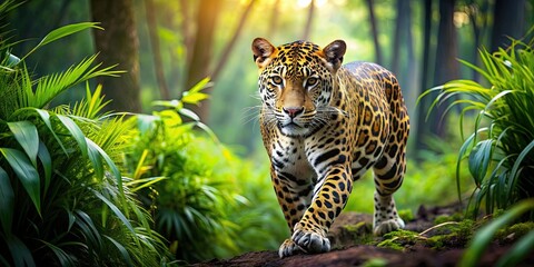 Jaguar running through lush green jungle habitat, wildlife, predator, feline, animal, jungle, nature, powerful, fast