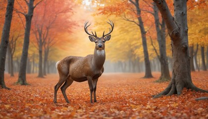 Wall Mural - Majestic stag standing proudly amidst vibrant autumn foliage in a misty forest