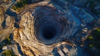 Poster - aerial view of a deep, circular mine shaft surrounded by mining structures.