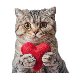 Wall Mural - Portrait of a funny cat with a heart, isolated on transparent background