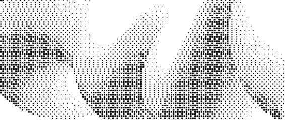 Poster - Pixelated curved gradient shape. Dotted dither squiggle texture background. Fluid undulate form for banner, poster, leaflet, brochure. Abstract rasterized overlay backdrop. Vector comic wallpaper
