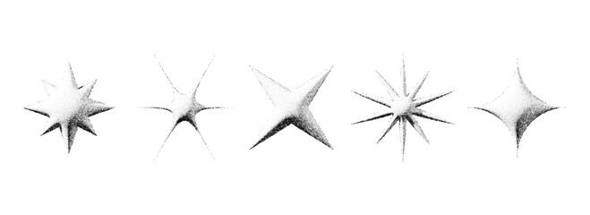 Poster - Black stippled star collection. 3d dotted textured flares and sparkles set. Halftone grainy noise starburst shape bundle. Dot work grunge asterisks and stars elements for poster, banner, flyer. Vector