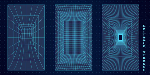 Wall Mural - futuristic 3d tunnels with abstract wireframe grids and perspective. digital mesh in an editable blu